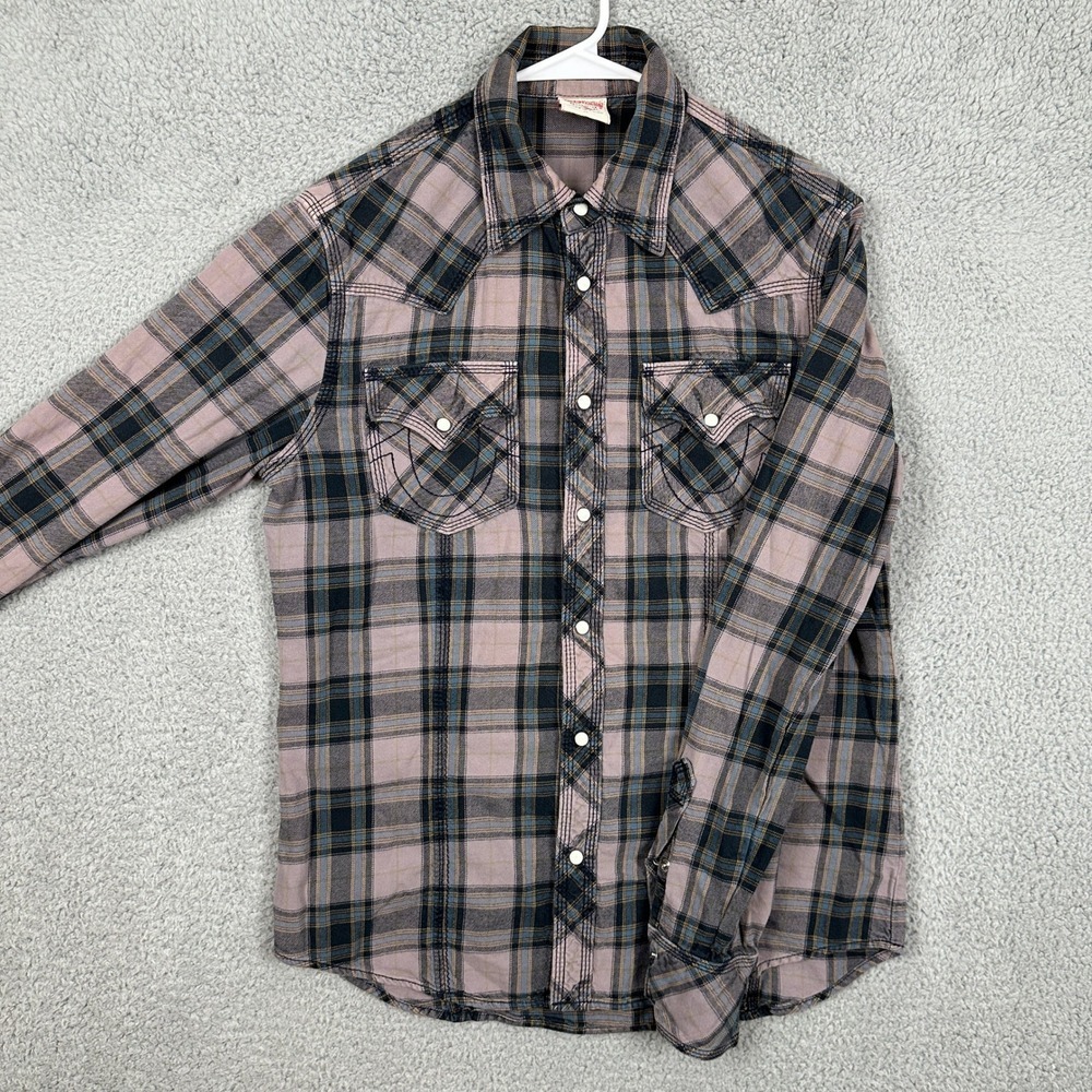 True Religion Shirt Western Mens Medium Pink Blue Pearl Snap Button Flap Pocket